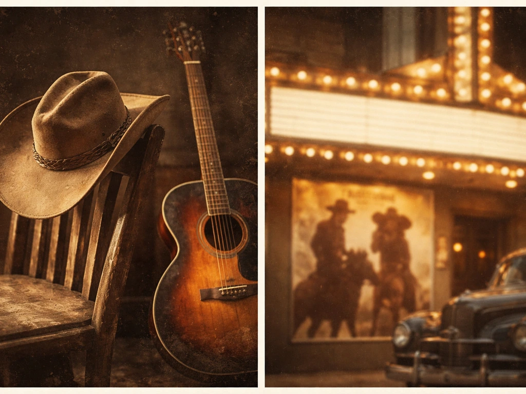 Vintage country musician vibe with hat and guitar beside an old film poster background, symbolizing Tex Ritter.