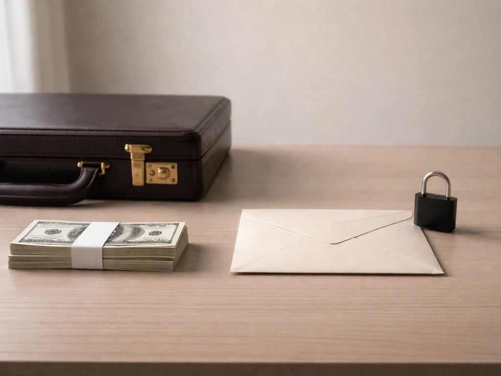 Minimal desk with briefcase and cash beside a padlock, symbolizing assets minus liabilities.
