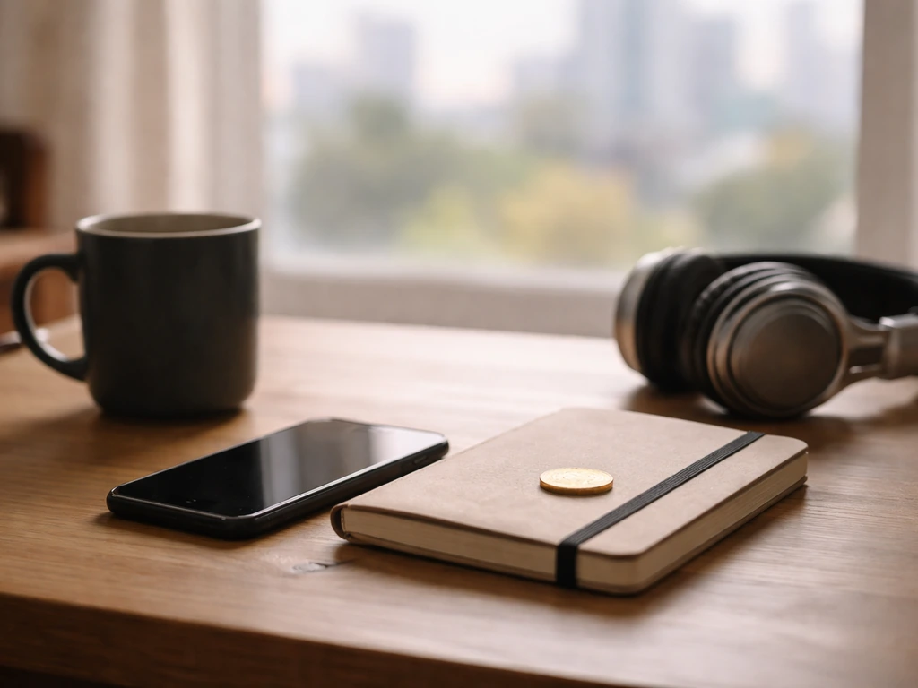 Minimal home office desk with smartphone, headphones, and a gold coin symbolizing a net worth estimate.