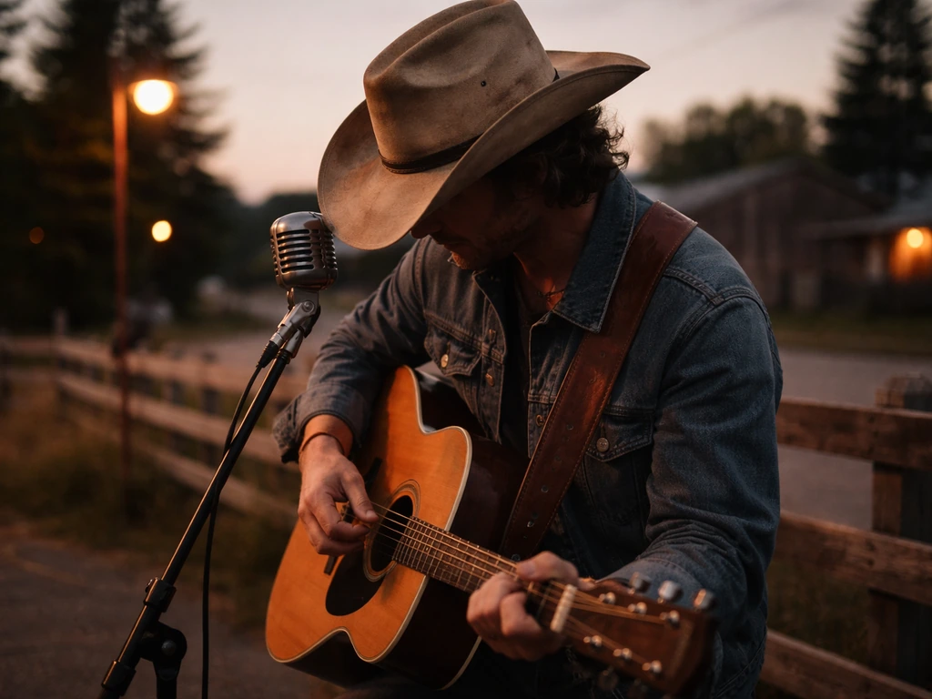 Anonymous country musician strums an acoustic guitar near a vintage mic outdoors at dusk in Canada.