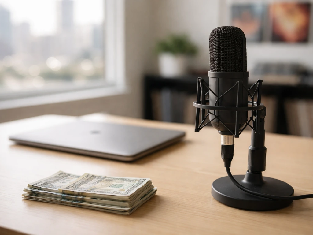 Sunlit studio desk with cash, a microphone, and blurred music-industry imagery symbolizing emerging artist earnings