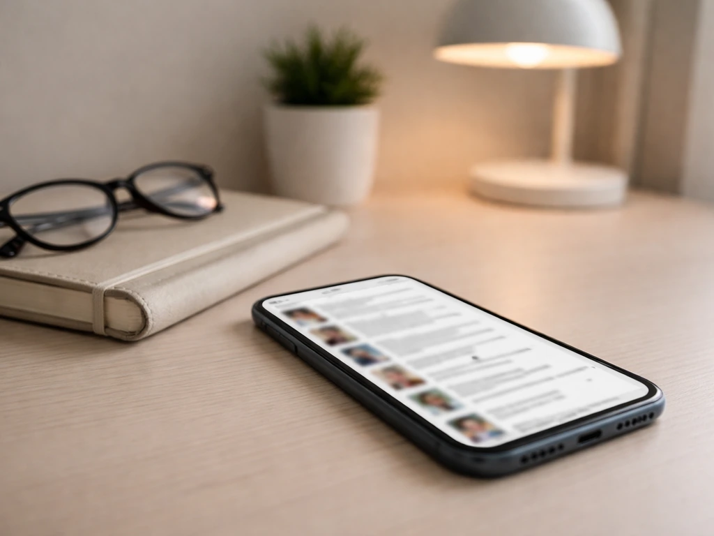 Anonymous desk with a smartphone showing blurred search results, suggesting an IMDb identity check
