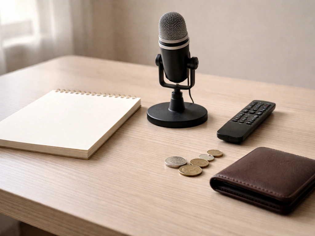 Minimal desk scene with media and finance cues, suggesting multiple income streams.