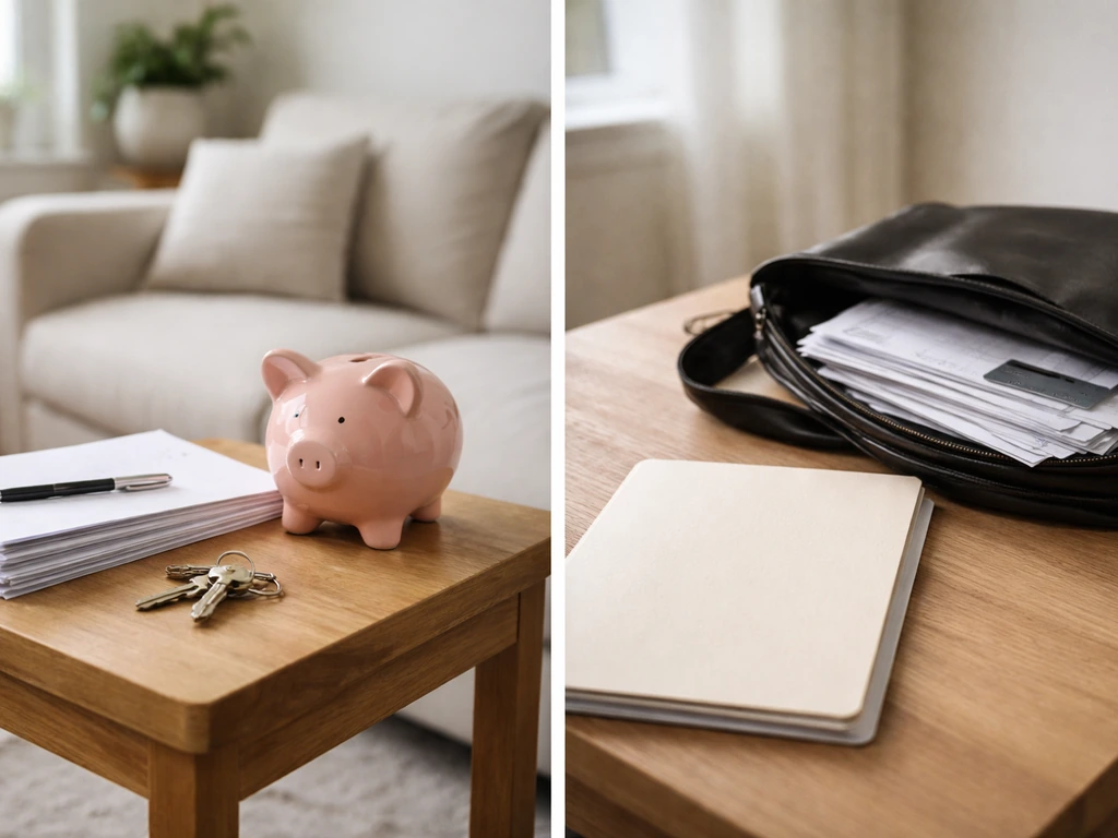 Minimal photo showing asset items (keys, savings) and liability items (statements) in one scene.