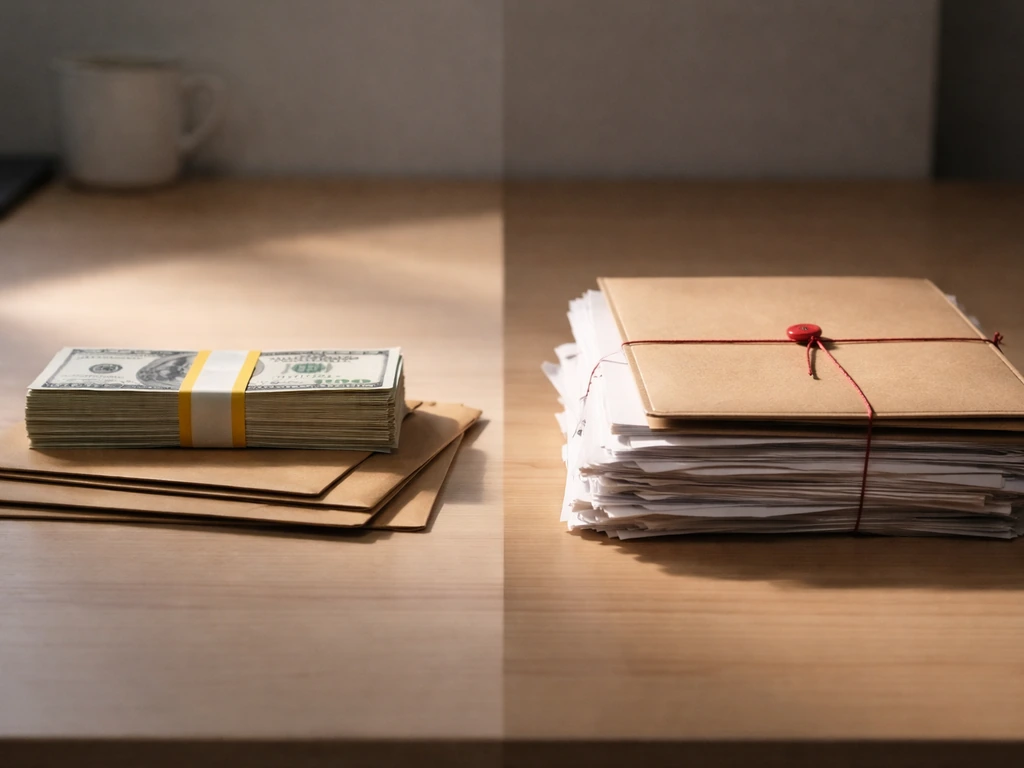 Office desk with cash and investment envelopes on one side, debt-like documents on the other.