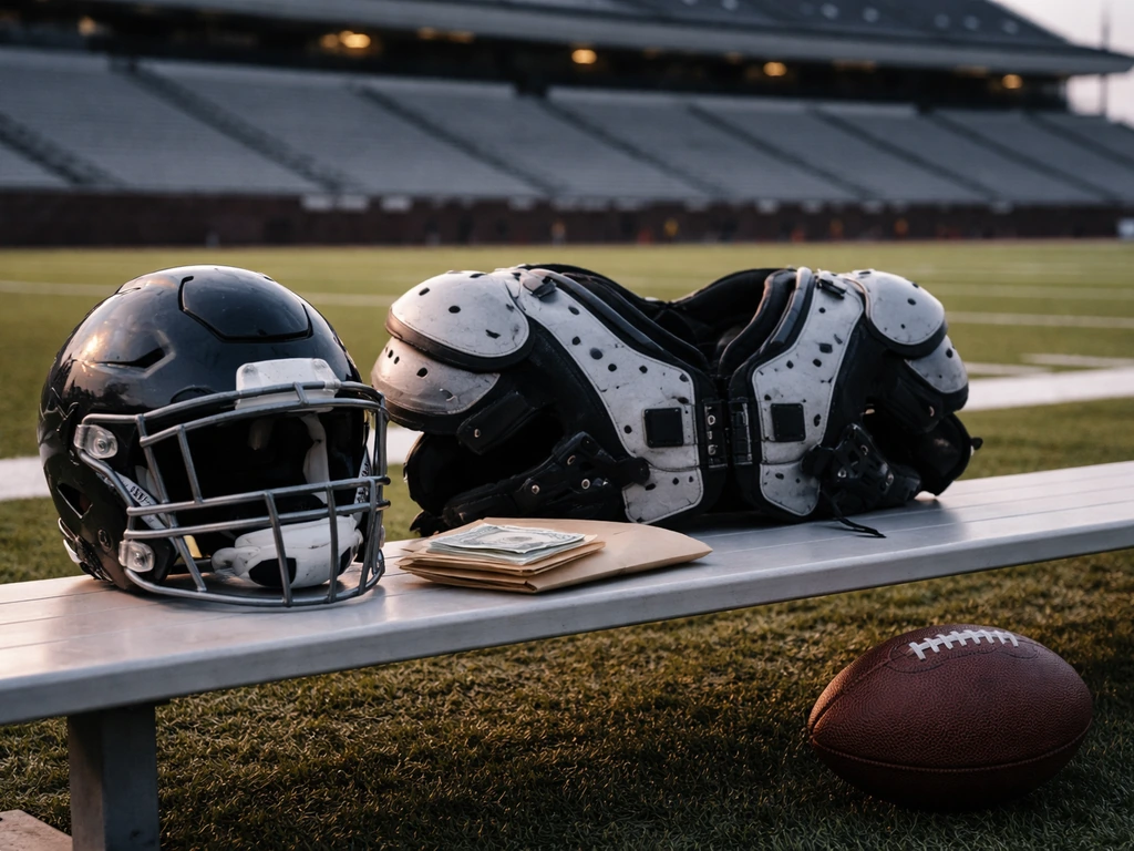 Anonymous NFL-themed training scene with football gear and a money-suggestive atmosphere