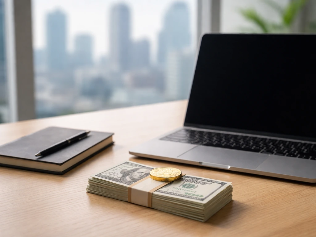 Minimal shot of a laptop and currency on a desk symbolizing a billionaire net worth headline.