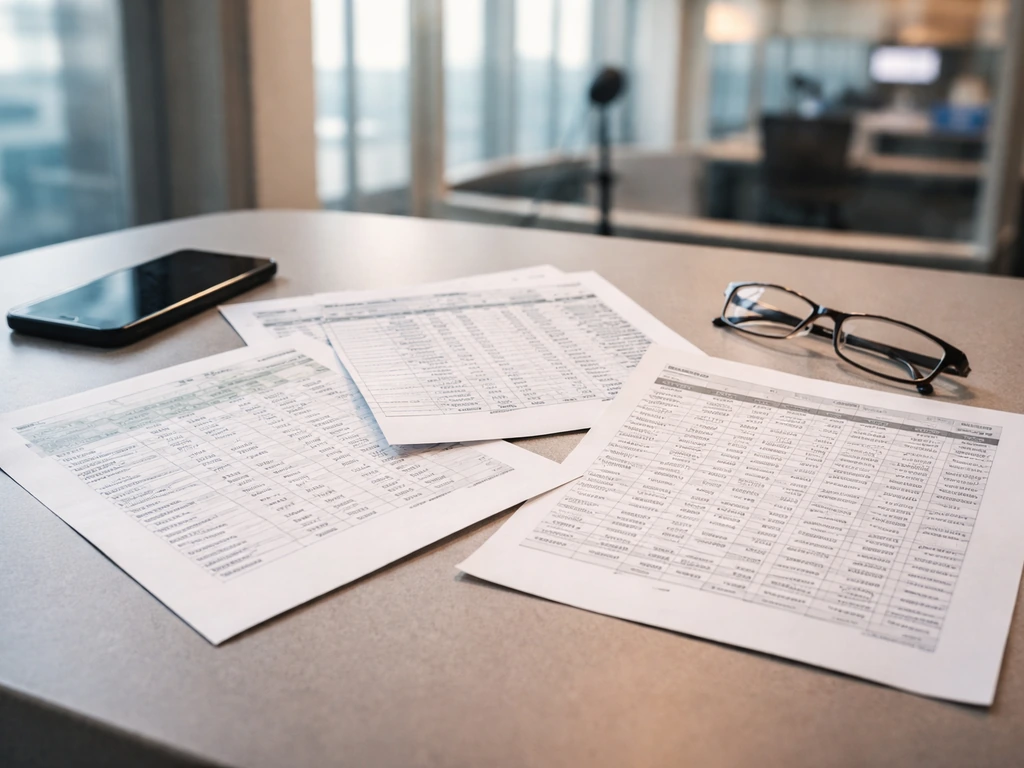 Three mismatched financial printouts on a desk beside a phone and glasses, implying conflicting business numbers.