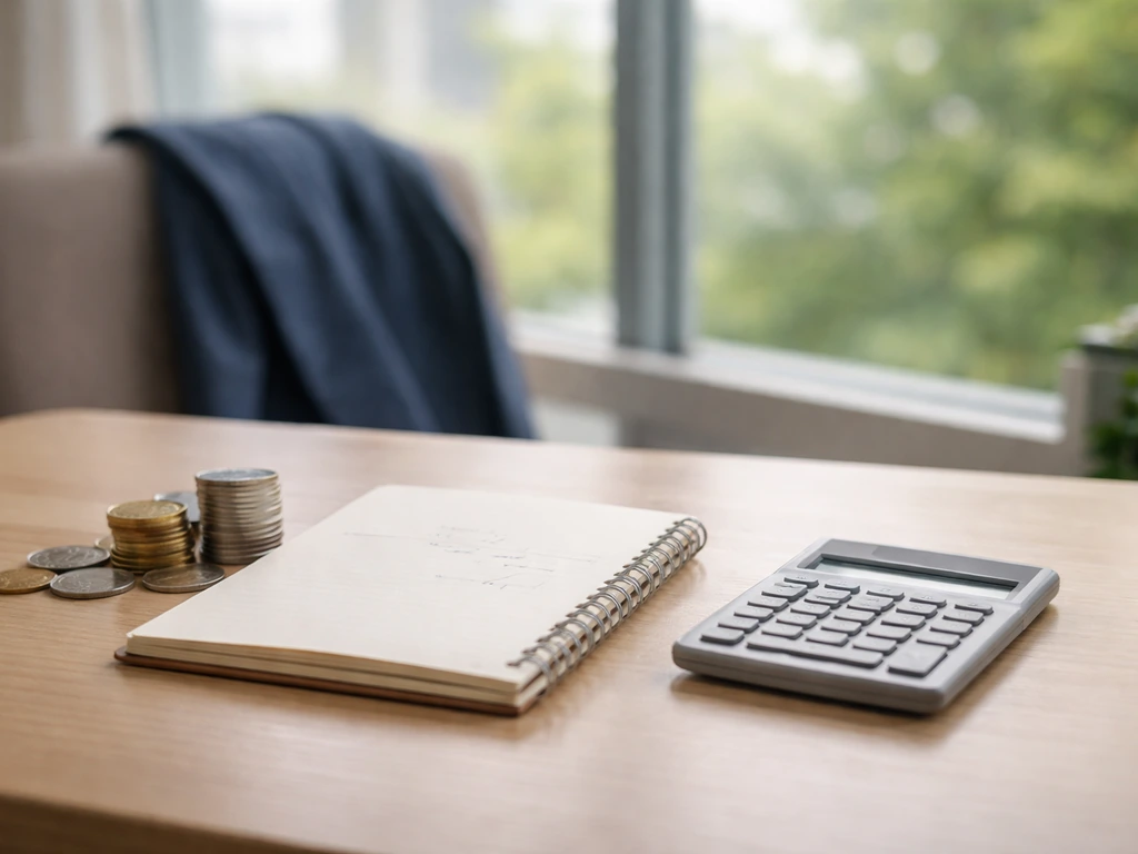 Minimal desk scene with a notebook, scattered coins, and a softly lit calculator for net worth estimates.