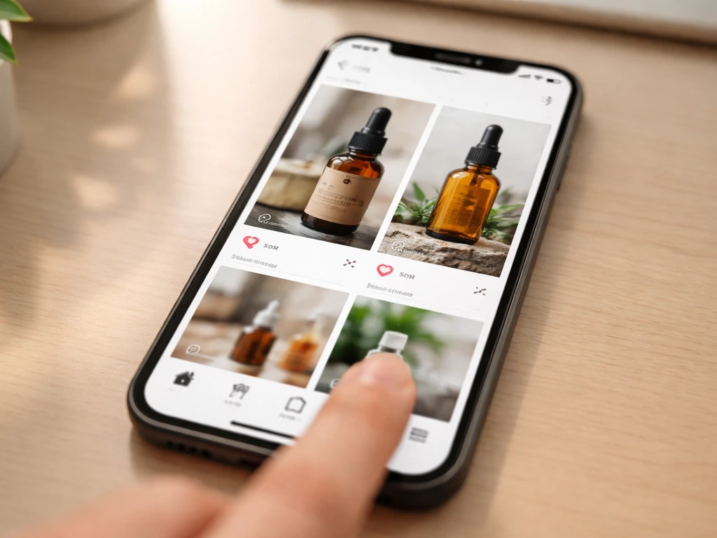 Phone on a desk showing a simplified social commerce product grid with oil bottles and tap/engagement icons.