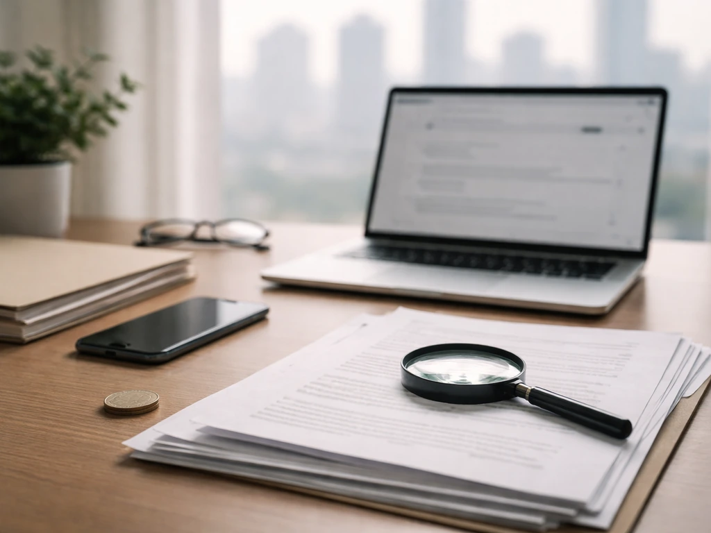 Minimal desk scene with laptop search screen blurred, documents, and a magnifying glass for financial clue research.