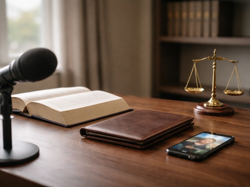 Quiet attorney office desk with a law book and a smartphone showing a blurred media-style image