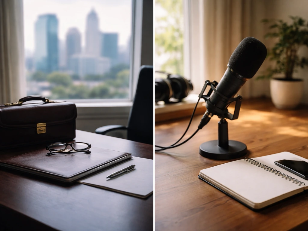 Split photo: law office desk on one side and podcast mic setup on the other, no people or text.