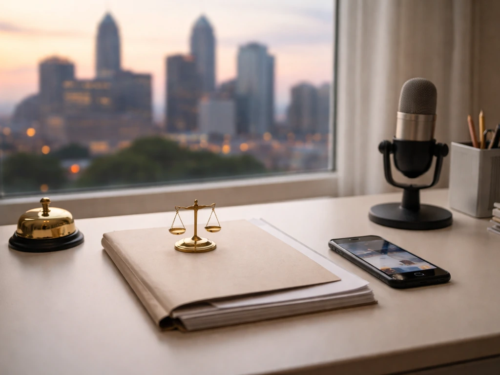 Minimal legal-and-media desk scene with microphone, legal folder, and blurred Charlotte skyline outside