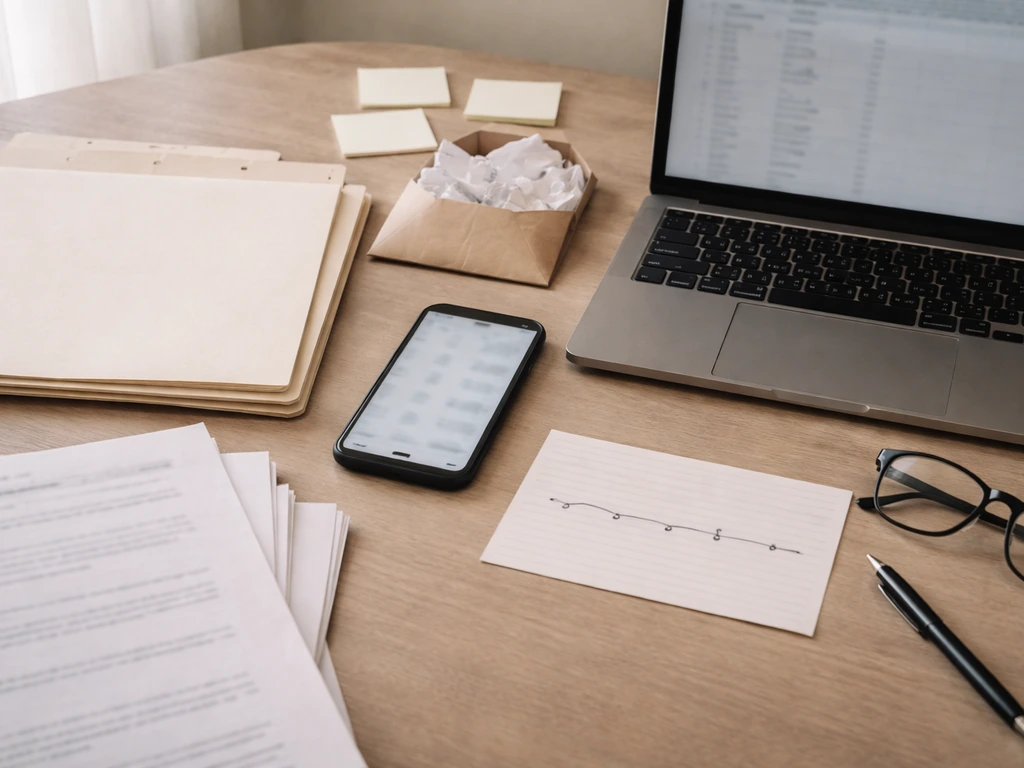 Researcher’s workspace with scattered public records, a timeline note card, and an evidence folder—symbolic triangulatio