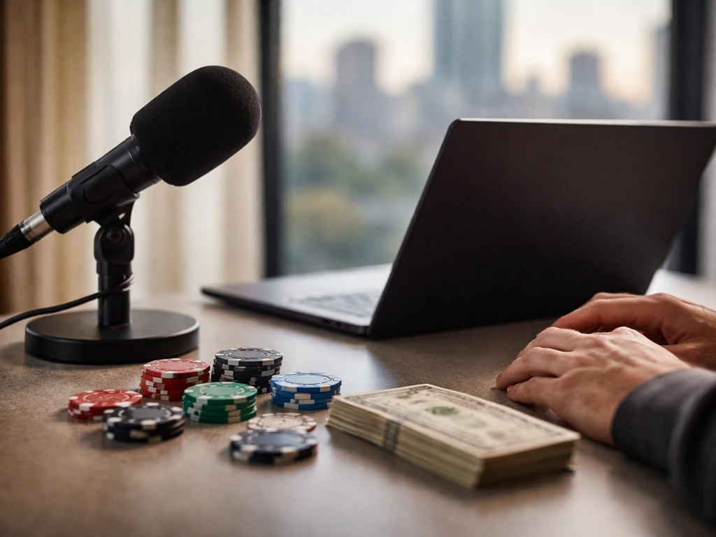 Minimal office desk scene with a microphone and cash-like props suggesting media and money contexts
