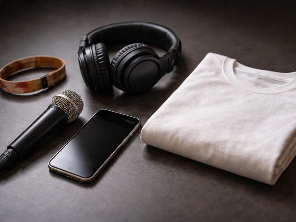 Anonymous items suggesting event hosting, DJ/performance, and merch/brand income: microphone, headphones, wristband.