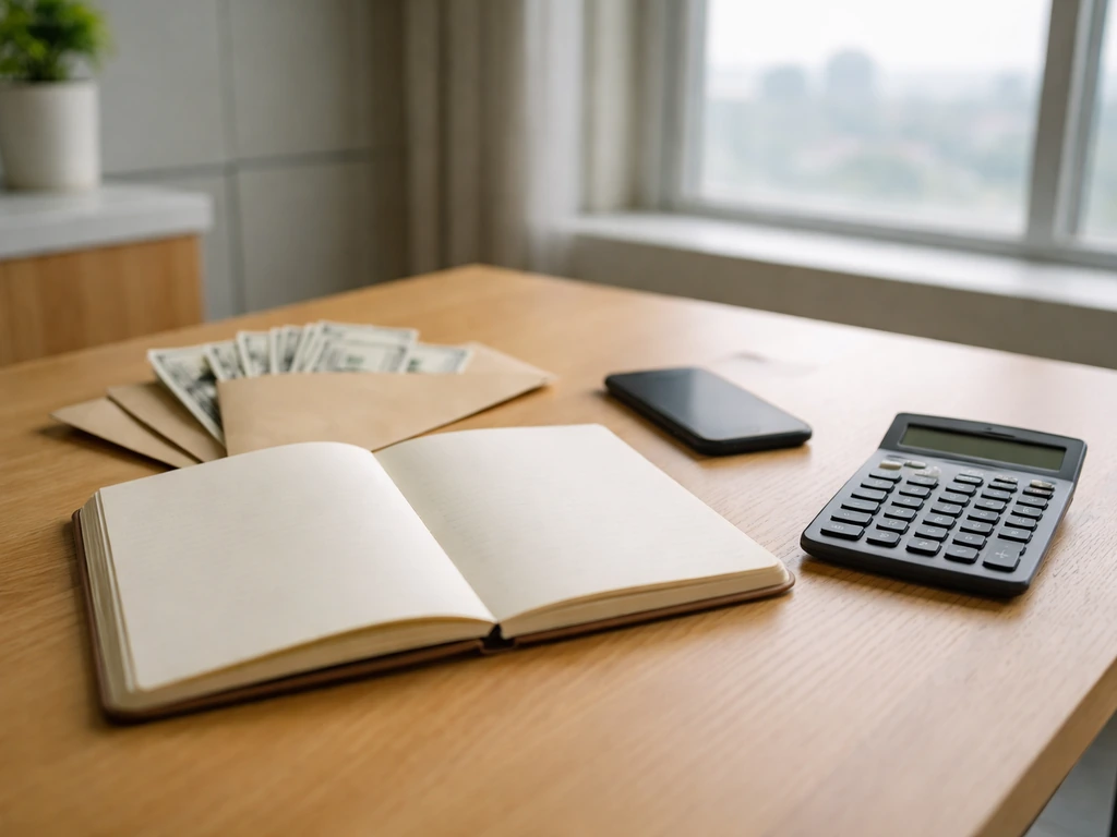 Minimal desk scene with calculator and cash envelopes symbolizing a net worth range and confidence.