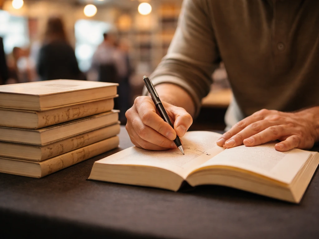 Close-up of an author signing a book at a quiet table with a pen and a stack of novels