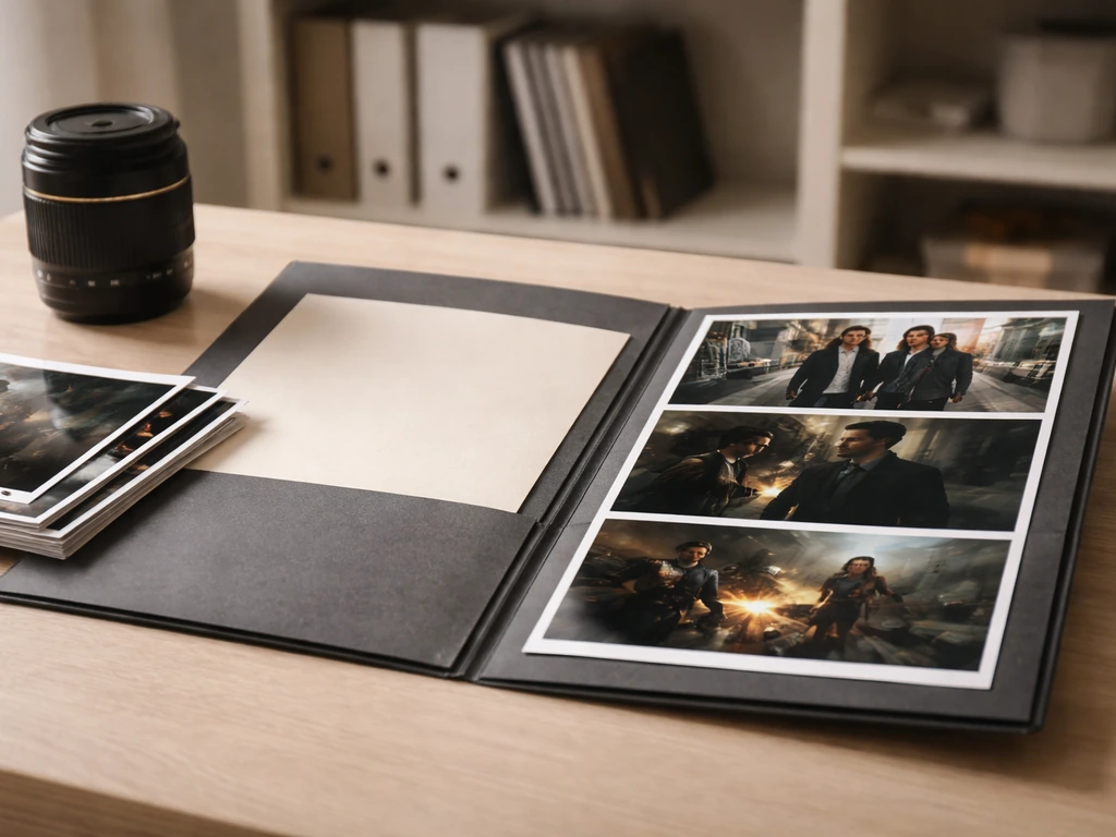 Open movie press kit and glossy photos on a desk with a camera lens nearby.