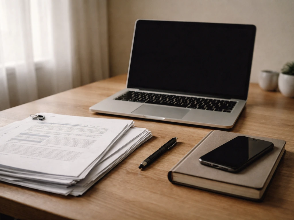 Minimal desk scene with a laptop and documents, symbolizing checking and updating an industry estimate