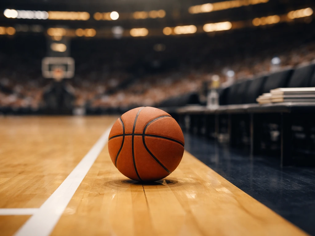 Professional basketball arena scene with a basketball and subtle finance symbolism—no identifiable person.