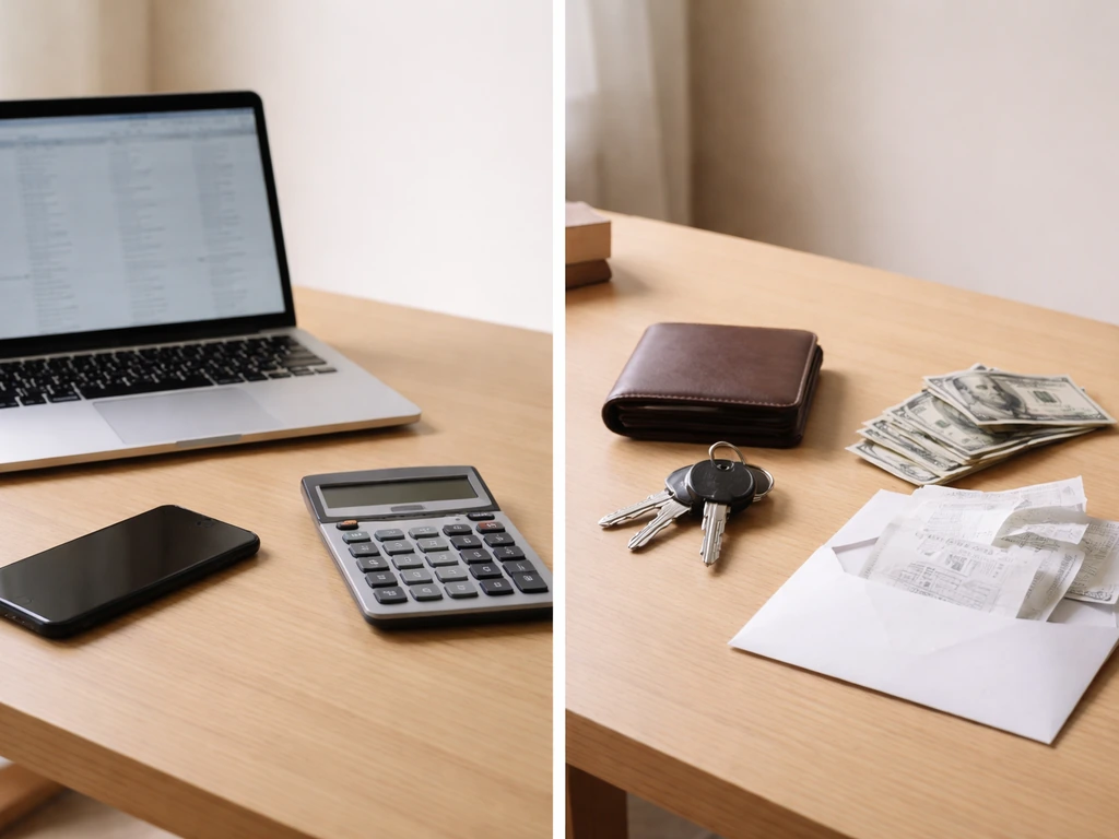 Minimal desk scene split into two sides: laptop/calc for income and wallet/keys/receipts for assets.