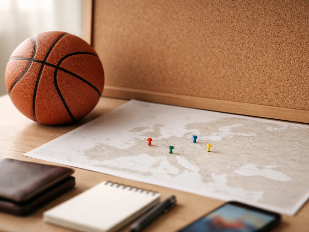 Minimal desk scene with a basketball-themed travel map pin mood and a muted calendar showing milestone dates