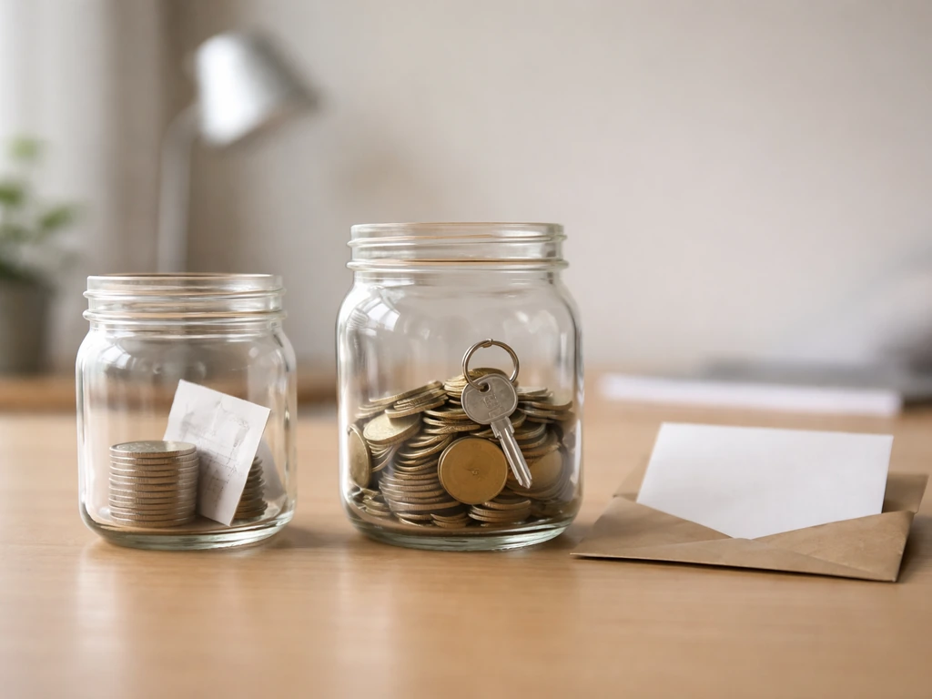 Two jars on a desk with coins and keys—symbolizing income versus net worth without any text.