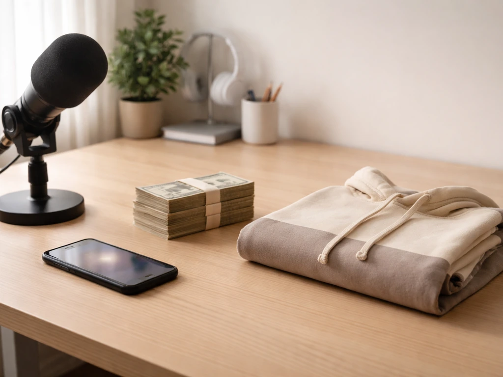 Minimal desk scene with studio mic, smartphone with video glow, and neatly arranged cash-like objects suggesting creator