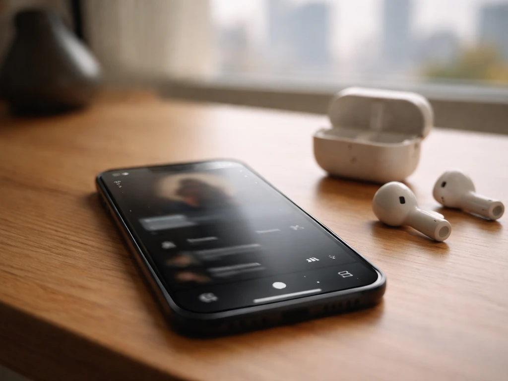 Smartphone on a desk showing a blurred music artist page concept next to earbuds, suggesting streaming scale.
