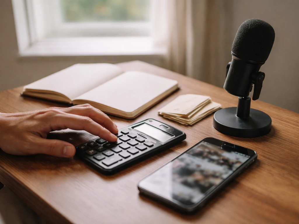 Minimal desk setup with smartphone showing blurred media thumbnails, calculator, and neatly stacked cash envelopes