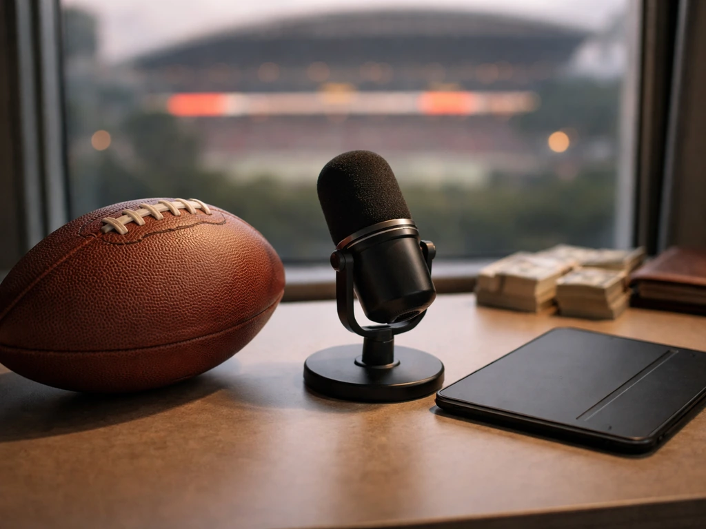Minimal football-themed media setting with a microphone near a tablet and subtle wealth cues, hinting at Henry Ruggs III