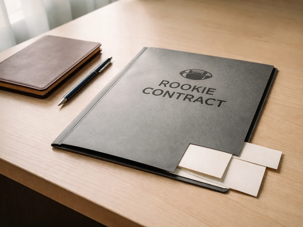 Minimal desk scene with generic contract folder and blank envelopes suggesting guaranteed vs base split.