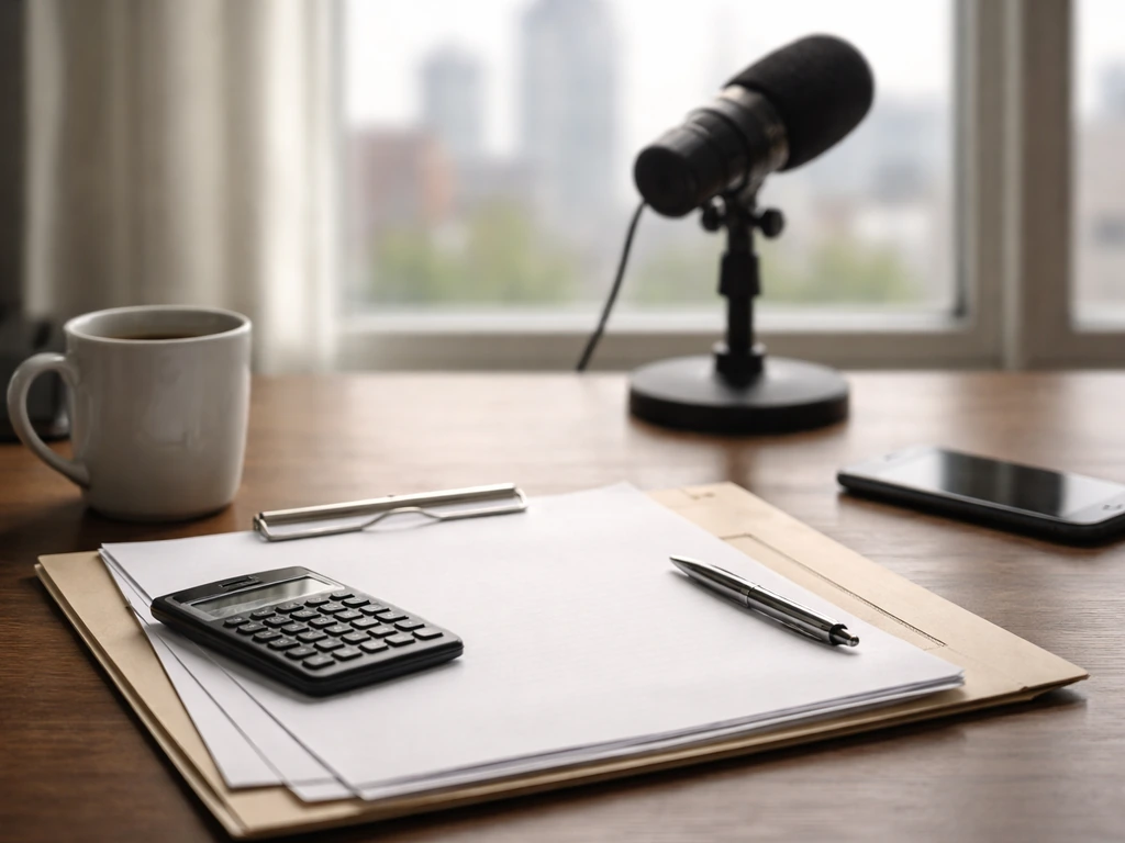 Minimal split view of a finance desk with documents and a microphone, symbolizing differing net-worth calculations