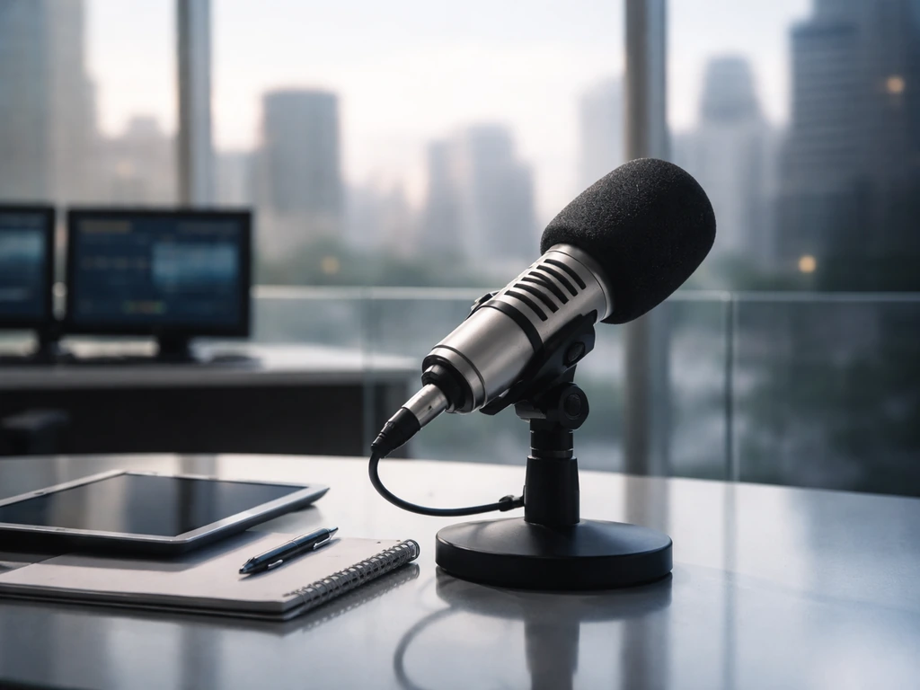 Broadcast studio desk with a microphone and blurred skyline, symbolizing financial news media work.
