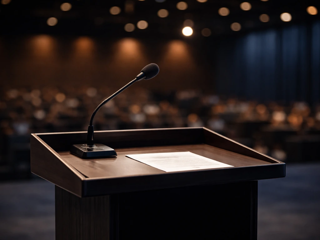 Close-up of a speaker lectern and microphone on a dimly lit stage, suggesting media and public speaking.