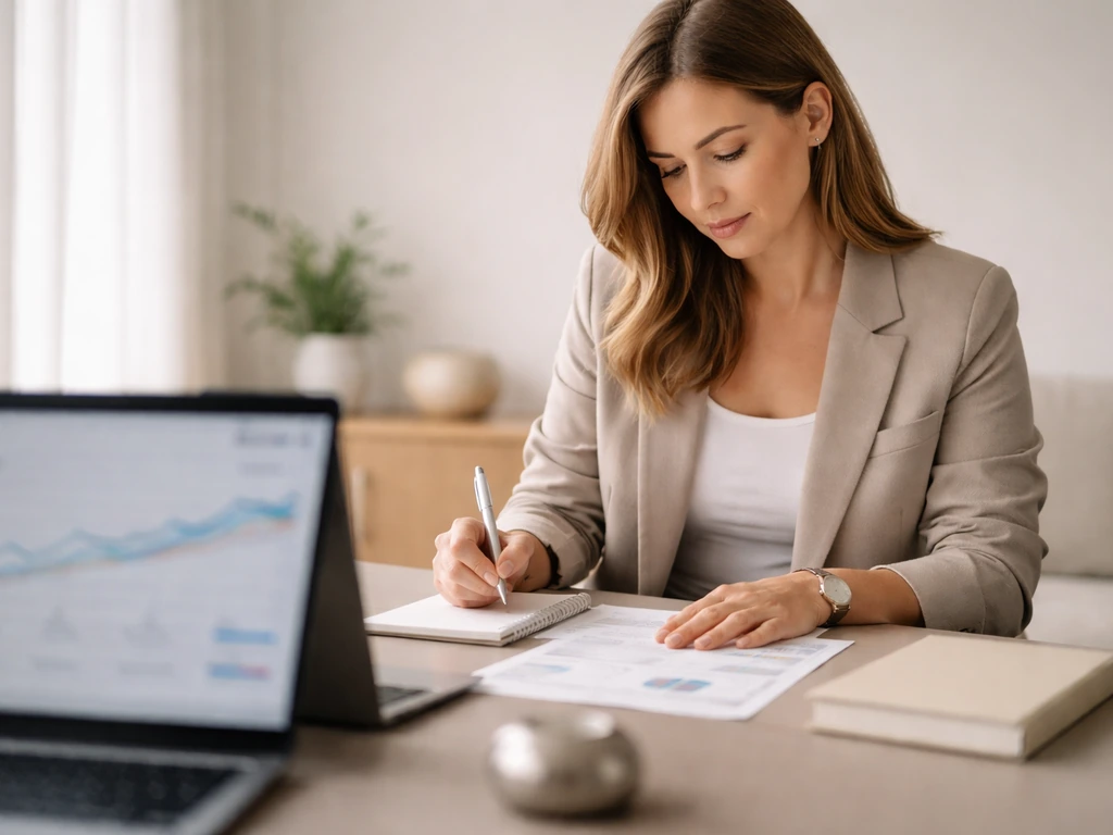 Woman in a minimalist home office reviewing investment papers beside a computer with blurred charts.