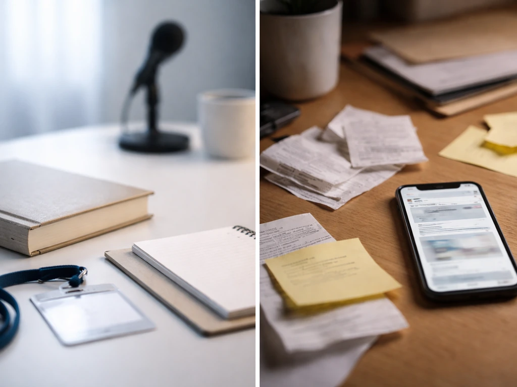 Split-view style scene of a sleek newsroom desk and a cluttered finance website vibe, source-quality comparison