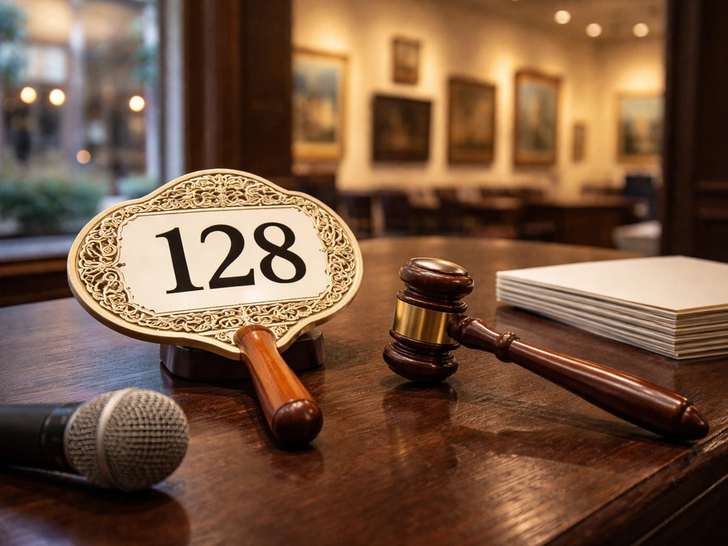 Vintage auction gavel and auction paddle on a wooden table with a microphone, blurred auction-house background.