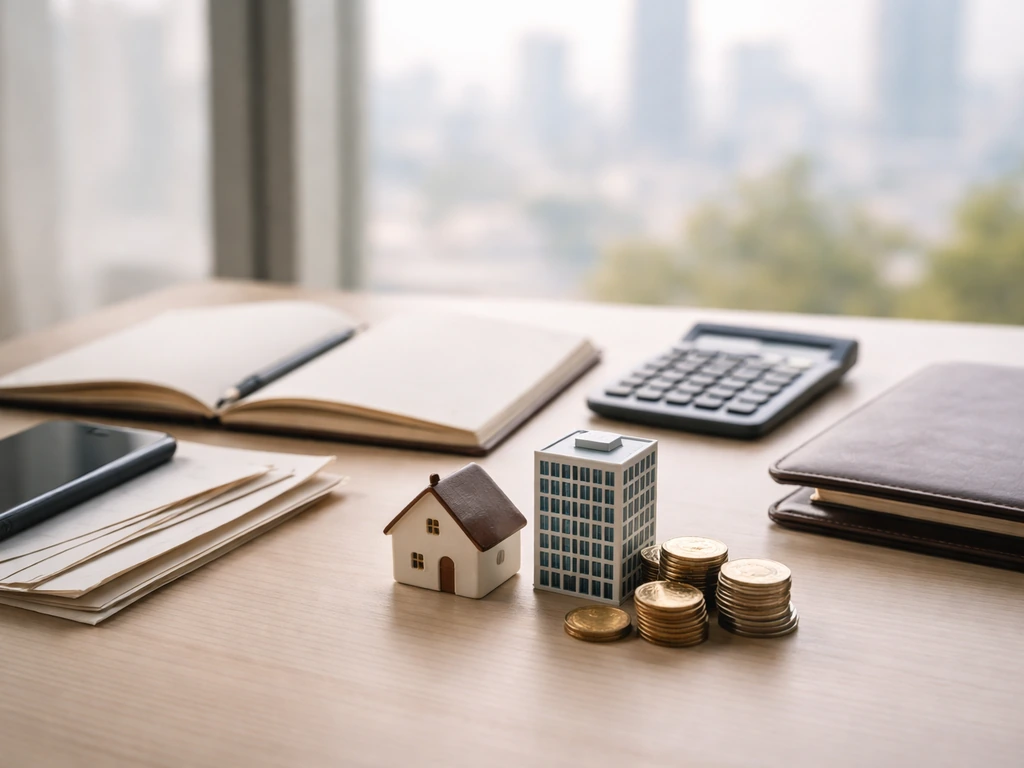 Desk with calculator, coins, house and building ornament, symbolizing assets minus liabilities for business net worth.