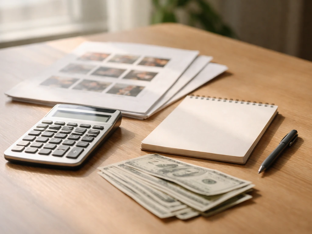 Close-up of a calculator beside cash and auction catalog papers on a desk, symbolizing revenue estimation.