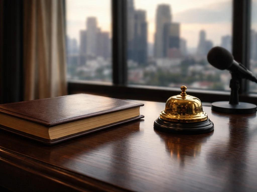 Auction desk with a ledger and bell, city skyline through window, microphone out of focus in background.