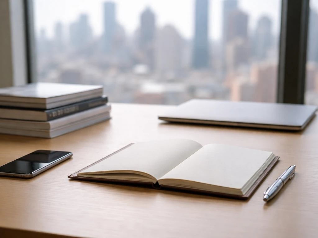 Minimal office desk with auction catalogs and notebook, symbolizing verified facts vs estimates.