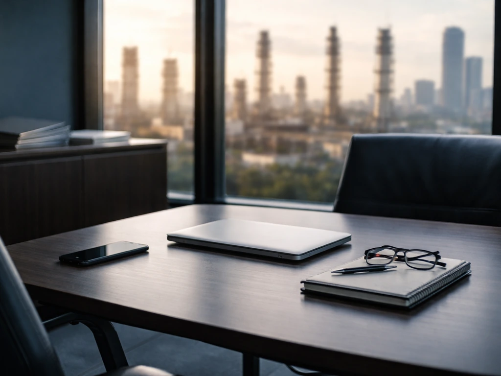 Minimal energy executive office with blurred refinery skyline, documents and phone on a table.