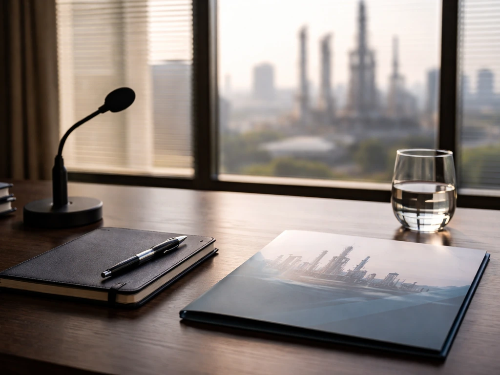 Minimal executive desk with microphone and oil-industry office backdrop, symbolizing business analysis and net-worth int