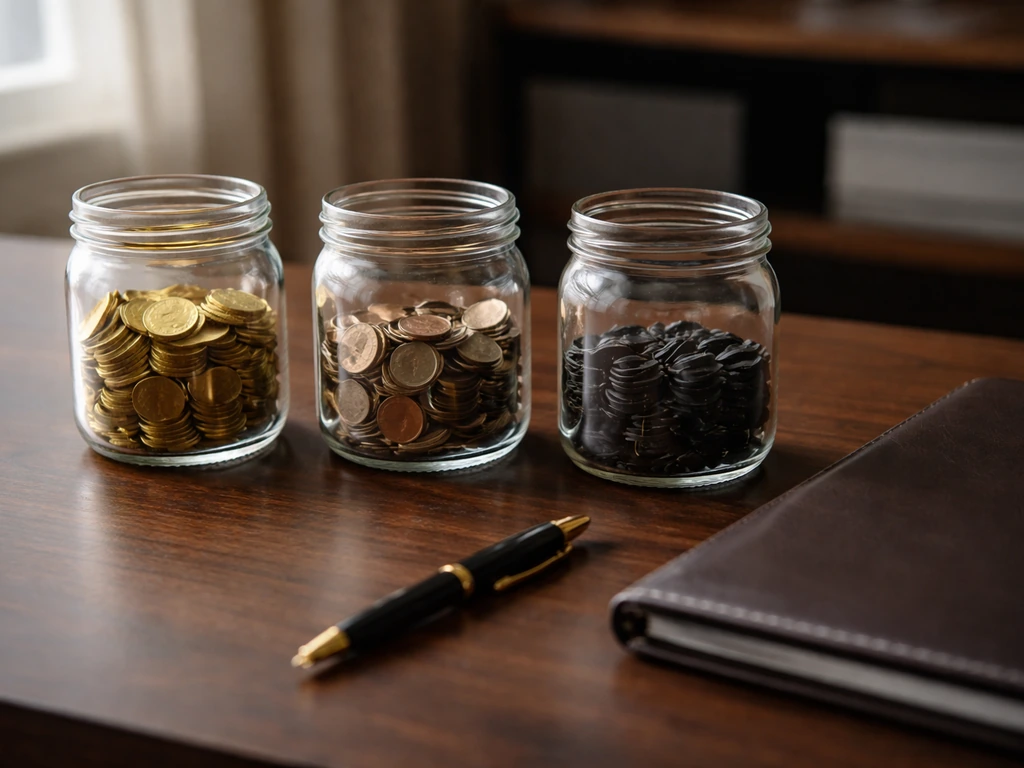 Minimal desk scene with three unlabeled coin-filled jars symbolizing compensation parts.