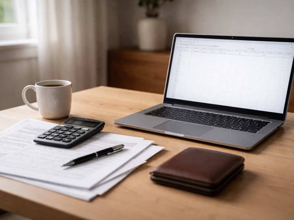 Minimal home-office desk with calculator, documents, and laptop suggesting net-worth calculation flow.