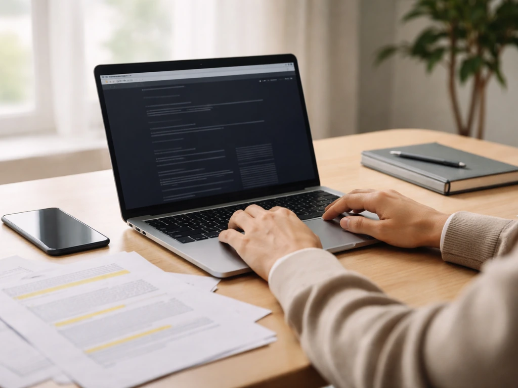 Person at a desk researching corporate filings on a laptop, with papers and a smartphone nearby.