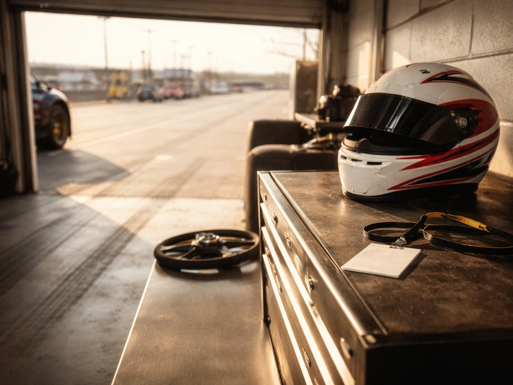 NASCAR pit lane garage scene with a helmet and steering wheel, suggesting earnings and racing career context.